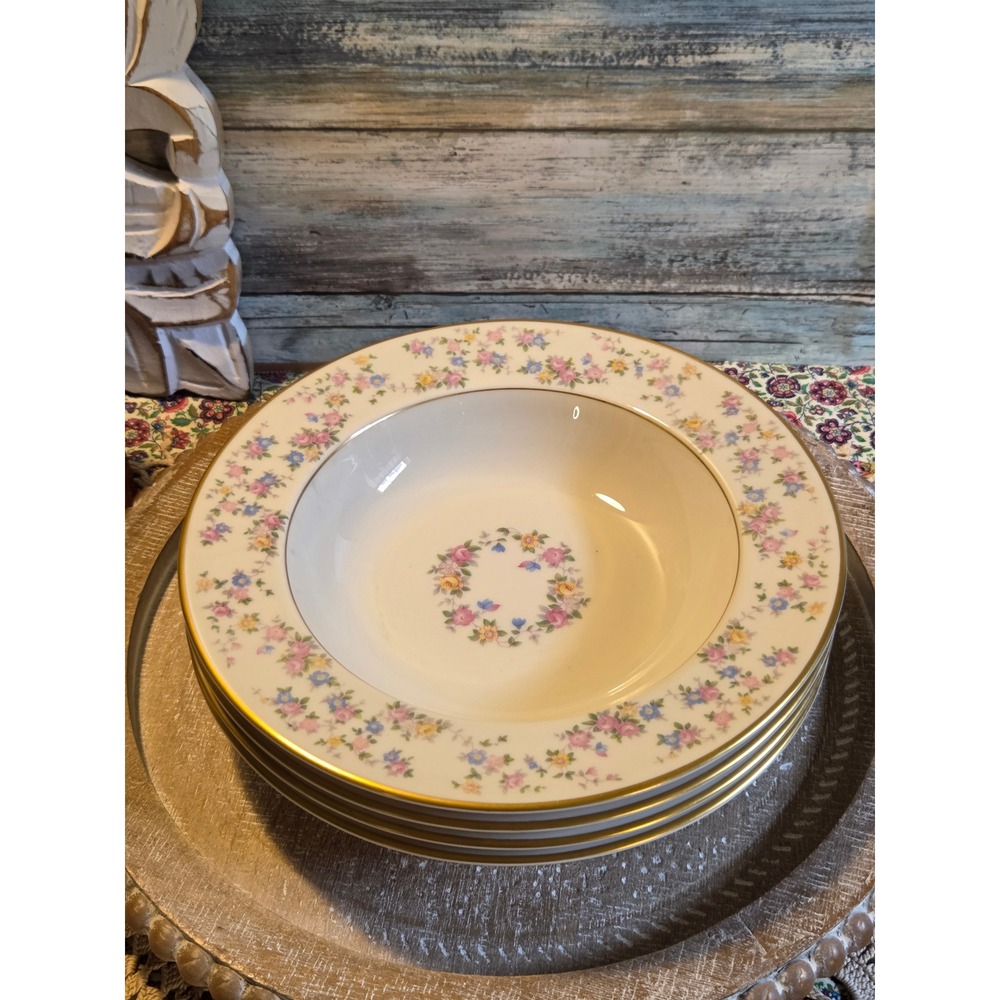 Lamberton Ivory China Reverie Rimmed Soup Bowls Set of 4 Floral Gold Trim USA